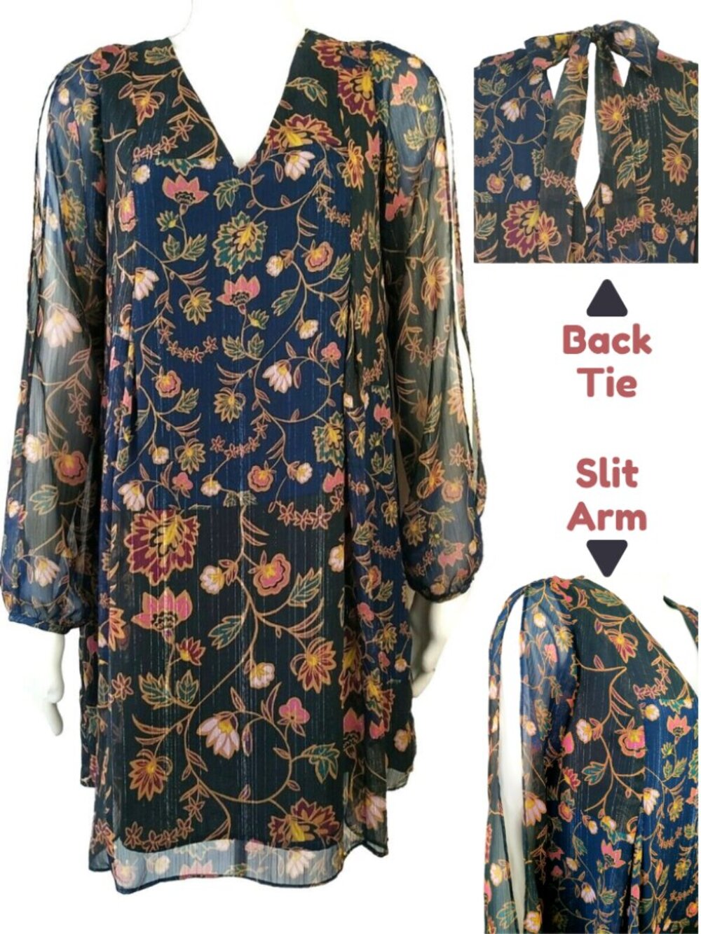 BCBG Floral Slit Sleeve Floral Dress size S Small Gold Thread Tie Back EUC Vneck